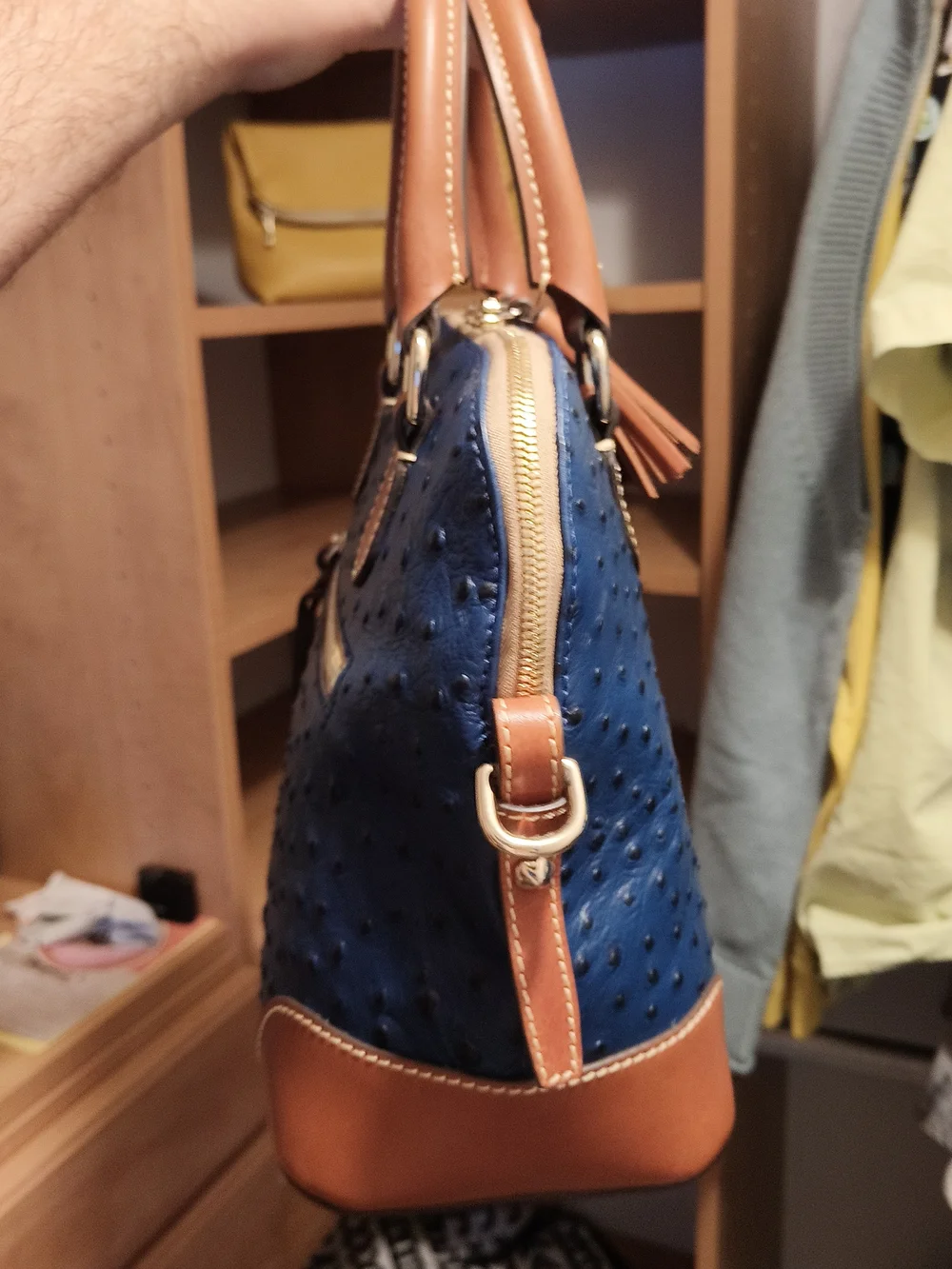 Dooney & Bourke Navy Ostrich-Embossed Satchel with Brown Trim